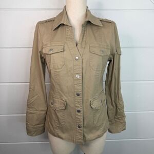 Live A Little Y2K Khaki Button Up Jacket Medium Safari V Neck NEW Minimalist